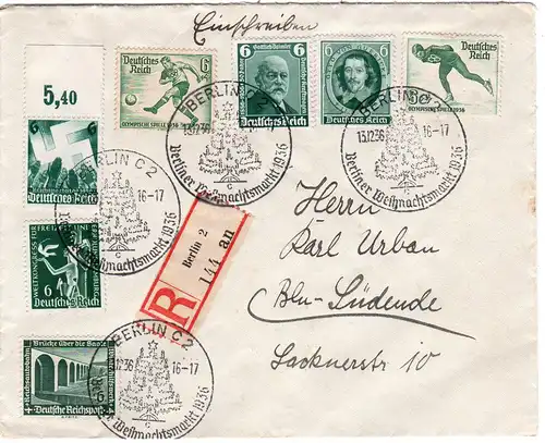 DR 1936, 7x6 Pf. auf Brief m. Reko- u. Sonderstempel Berliner Weihnachtsmarkt