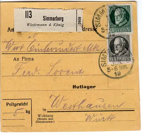 Bayern 1919, MeF 2x25 Pf. auf Paketkarte v. SIMMERBERG m. Selbstbucher-Zettel!