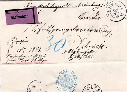 Bayern 1899, Nachnahme Brief v. AMBERG GEORGENGASSE n. Vilseck.