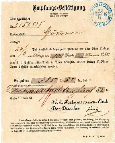 Österreich 1898, Kartenbrief m. blauem Stpl. K.K. POSTSPARKASSENAMT WIEN