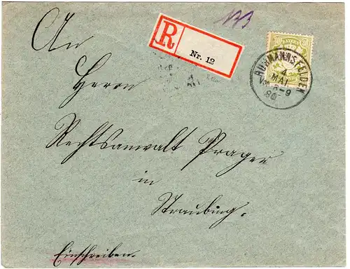 Bayern 1908, EF 30 Pf. auf Einschreiben Brief v. K1 RUHMANNSFELDEN n. Straubing