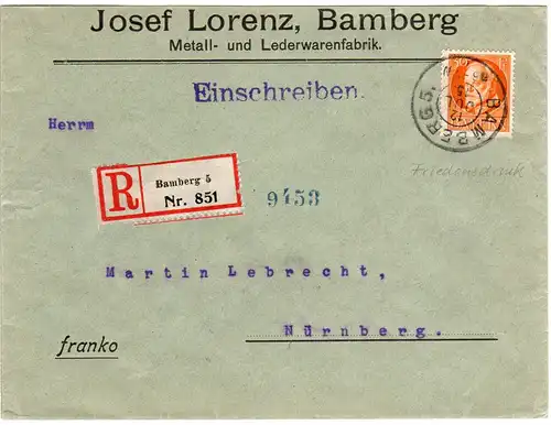 Bayern 1915, EF 30 Pf. Friedensdruck auf Einschreiben Brief v. Bamberg