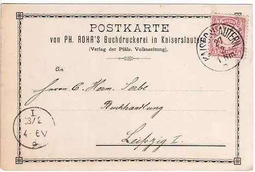 Bayern 1887, 5 Pf. auf Firmen Karte v. KAISERSLAUTERN 