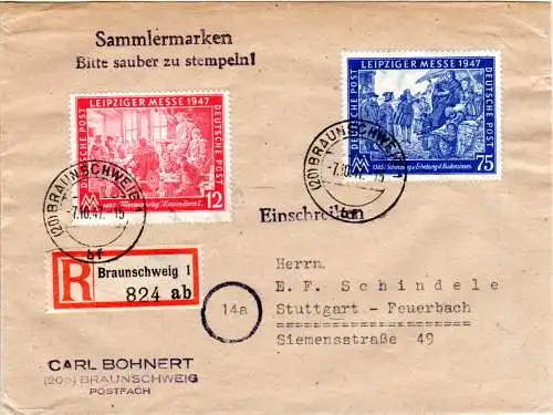 1947, Leipziger Messe 12+75 Pf auf Einschreiben Brief m. Tagesstpl. Braunschweig
