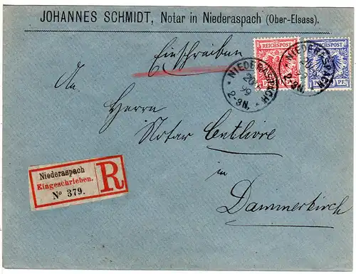 DR 1899, 10+20 Pf. auf Firmen Einschreiben Brief v. NIEDERASPACH Elsass