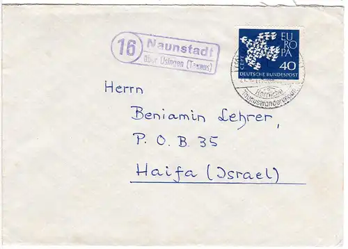 BRD 1961, 40 Pf. Europa auf Brief n. Israel m Landpoststpl. NAUNSTADT ü. Usingen