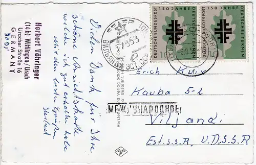 BRD 1958, MeF 2x10 Pf. Turnen auf Karte v. Urach n. Estland, UdSSR