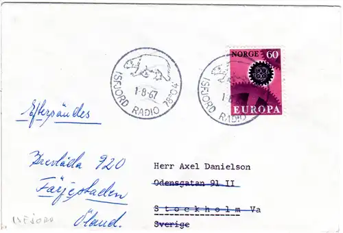 Norwegen 1967, 60 öre auf Polar Brief m. Stpl. ISFJORD RADIO m. Eisbär