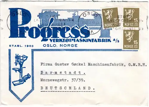 Norwegen 1950, MeF 3x15 öre auf Firmen Reklame Brief v. Oslo n. Deutschland