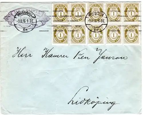 Norwegen 1916, MeF 10x1 öre auf Firmen Brief v. Kristiania n. Schweden