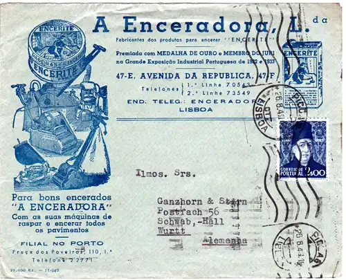 Portugal 1949, 2 E. auf attraktivem Reklame Brief v. Lisboa n. Deutschland