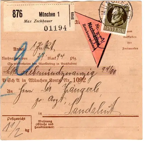 Bayern 1917, 40 Pf. auf Paketkarte m. Max Zechbauer München Selbstbucher Zettel