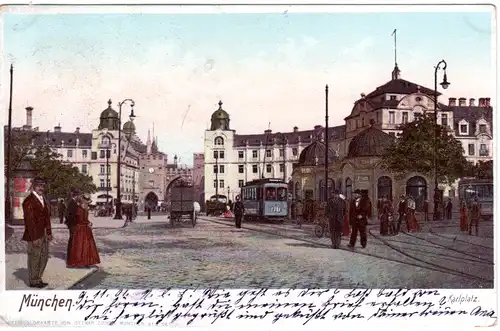 München, Karlsplatz m. Trambahn u. Personen, 1901 gebr. sw-AK