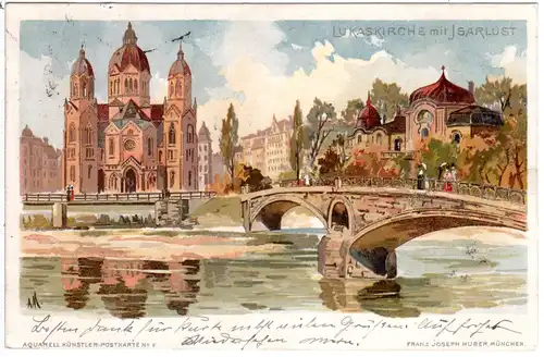 München, Lukaskirche m. Isarlust, 1901 gebr. Litho-AK