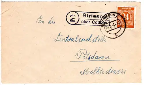 1946, Landpost Stpl. 2 STRIESOW über Cottbus klar auf  Brief m. 24 Pf. 