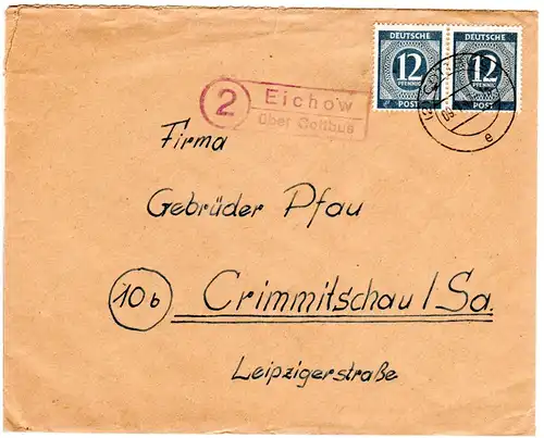 1946, Landpost Stpl. 2 EICHOW über Cottbus klar auf  Brief m. Paar 12 Pf. 