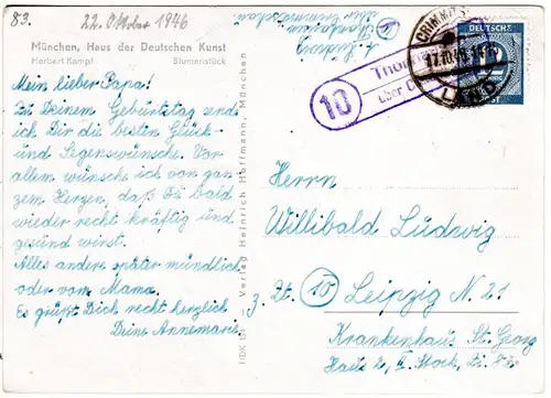 1948, Landpost Stpl. 10 THONHAUSEN über Crimmitschau klar auf Karte m. 12 Pf. 