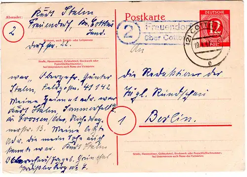 1947, Landpost Stpl. 2 FRAUENDORF über Cottbus klar auf 12 Pf. Ganzsache