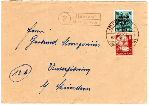 1949, Landpost Stpl. 2 HAASOW über Cottbus auf Brief m. 8+16 Pf. SBZ