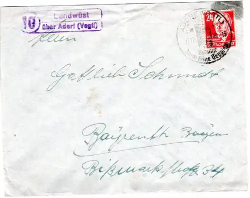 1949, Landpost Stpl. 10 LANDWÜST über Adorf auf Brief m. 24 Pf. SBZ