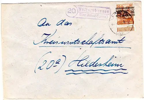 1948, Landpost Stpl. 20 WOLTERSHAUSEN über Alfeld auf Brief m. 24 Pf. 