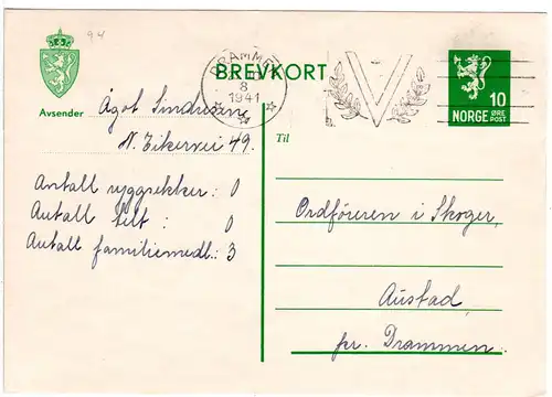 Norwegen 1941, Drammen V-Maschinenstempel auf 10 öre Ganzsache n. Austad