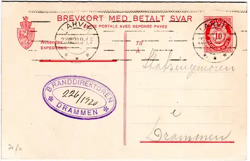 Norwegen P59, 10+10 öre Doppelkarte Ganzsache v. Larvik n. Drammen
