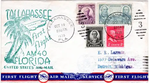 US 1938, Tallahassee Erstflug Stpl. m. Palmen, Brief m. 2+3+4+7 C.