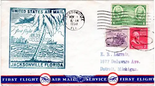 US 1938, Jacksonville Erstflug Stpl. m. Palmen, Brief m. 1+2+3 C.