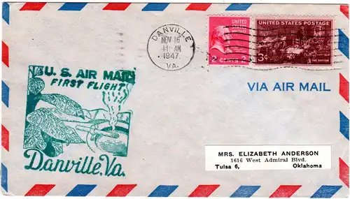 US 1947, Danville Erstflug Stpl. m. Tabakpflanze u. Zigarette, Brief m. 2+3 C.
