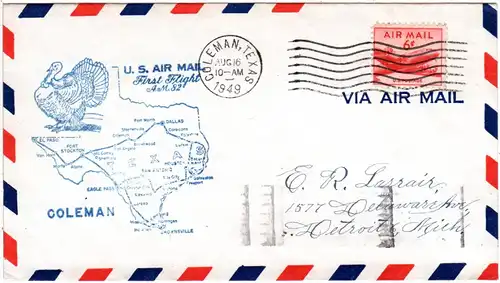 US 1949, Coleman Erstflug Stpl. m. Truthahn, Turkey, Brief m. 6 C.