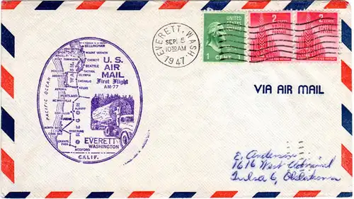 US 1947, Everett Erstflug Stpl. m. Baumstamm auf LKW, Brief m. 3 Marken