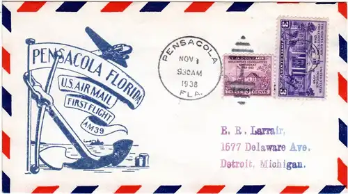 US 1938, Pensacola Erstflug Stpl. m. Anker, Brief m. 2 Marken
