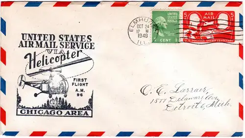 Helicopter Post USA 1949, Chicago Area First Flight AM 96, 1 C. + 5 C. Ganzsache