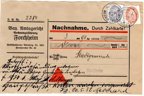 DR 1932, 12+20 Pf. Dienst auf Orts Nachnahme Paketadresse v. Forchheim
