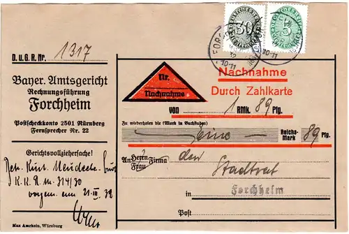 DR 1932, 5+30 Pf. Dienst auf Orts Nachnahme Paketadresse v. Forchheim