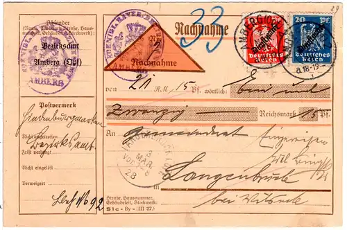 DR 1928, 10+20 Pf. Dienst auf Nachnahme Karte v. Amberg n. Langenbruck