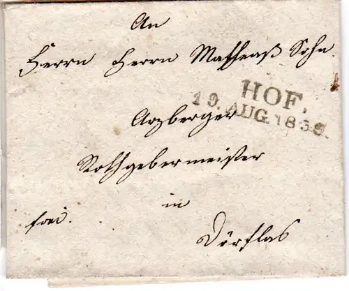 Bayern 1839, L2 HOF auf Franco Brief n. Dörfles