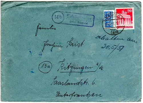 1951, Landpost Stpl. SCHÖNBRONN über Nagold auf Brief m. 20 Pf. u. Notopfer