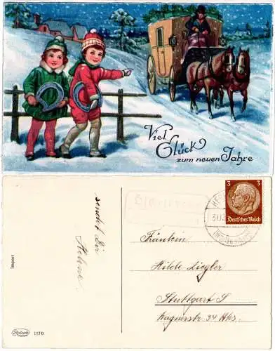 DR 1933, Landpost Stpl. ÖSCHELBRONN über Herrenberg auf Neujahrs-AK 