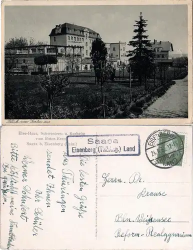 DR 1932, Landpost Stpl. SAASA Eisenberg Land auf sw-AK  m. Krankenhaus
