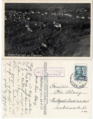 Landpost Stpl. WALDDORF über Nagold auf 1947 gebr. sw-AK  m. Luftaufnahme