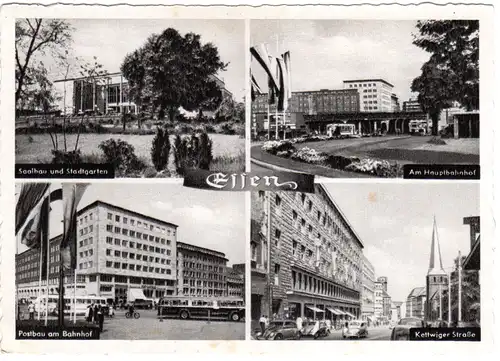 Essen m. Post u. Bahnhof, 1957 gebr. sw-Foto-Mehrbild-AK