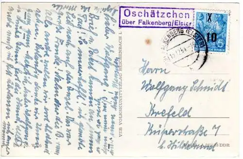 DDR 1954, OSCHÄTZCHEN über Falkenberg, Landpost Stpl. auf Karte m 10/12 Pf.