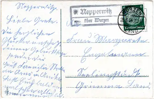 DR 1934, NEPPERWITZ über Wurzen, Landpost Stpl. auf Karte m. 6 Pf.