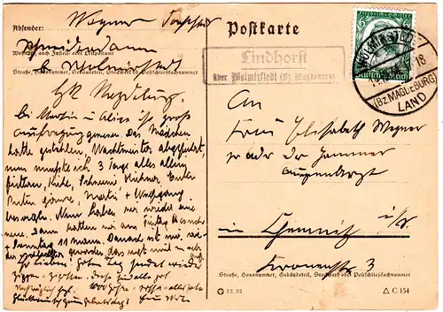 DR 1934, Lindhorst über Wolmirstedt, Landpost Stpl. auf Karte m. 6 Pf.