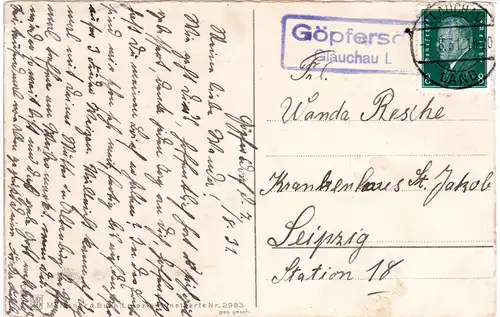 DR 1931, Landpost Stpl. GÖPFERSDORF Glauchau Land auf Karte m. 8 Pf. 