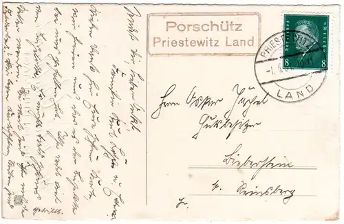 DR 1931, Landpost Stpl. PORSCHÜTZ Priestewitz Land auf Karte m. 8 Pf. 