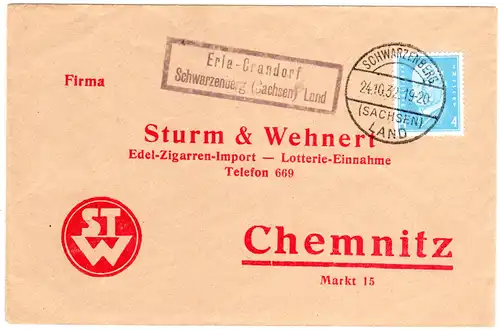 DR 1932, Landpost Stpl. ERLA-CRANDORF Schwarzenberg Land auf Brief m. 4 Pf. 