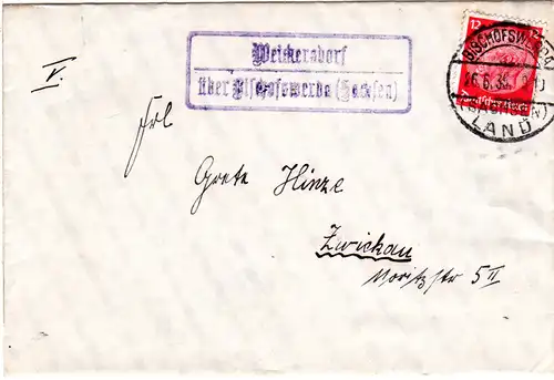DR 1935, Landpost Stpl. WEICKERSDORF über Bischofswerda auf Brief m. 12 Pf. 